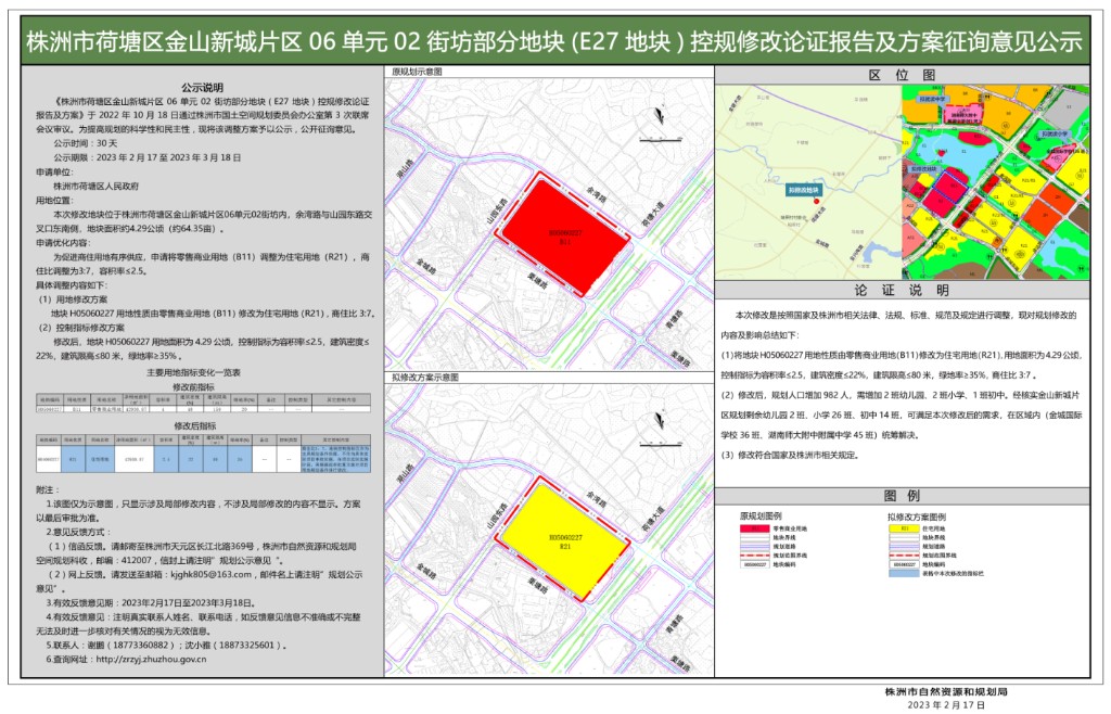 株洲市荷塘区金山新城片区06单元02街坊部分地块(E27地块)控规修改论证报告及方案