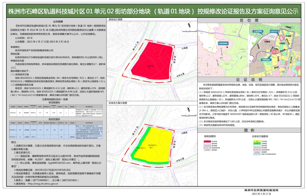 株洲市石峰区轨道科技城片区01单元02街坊部分地块(轨道01地块)控规修改论证报告及方案